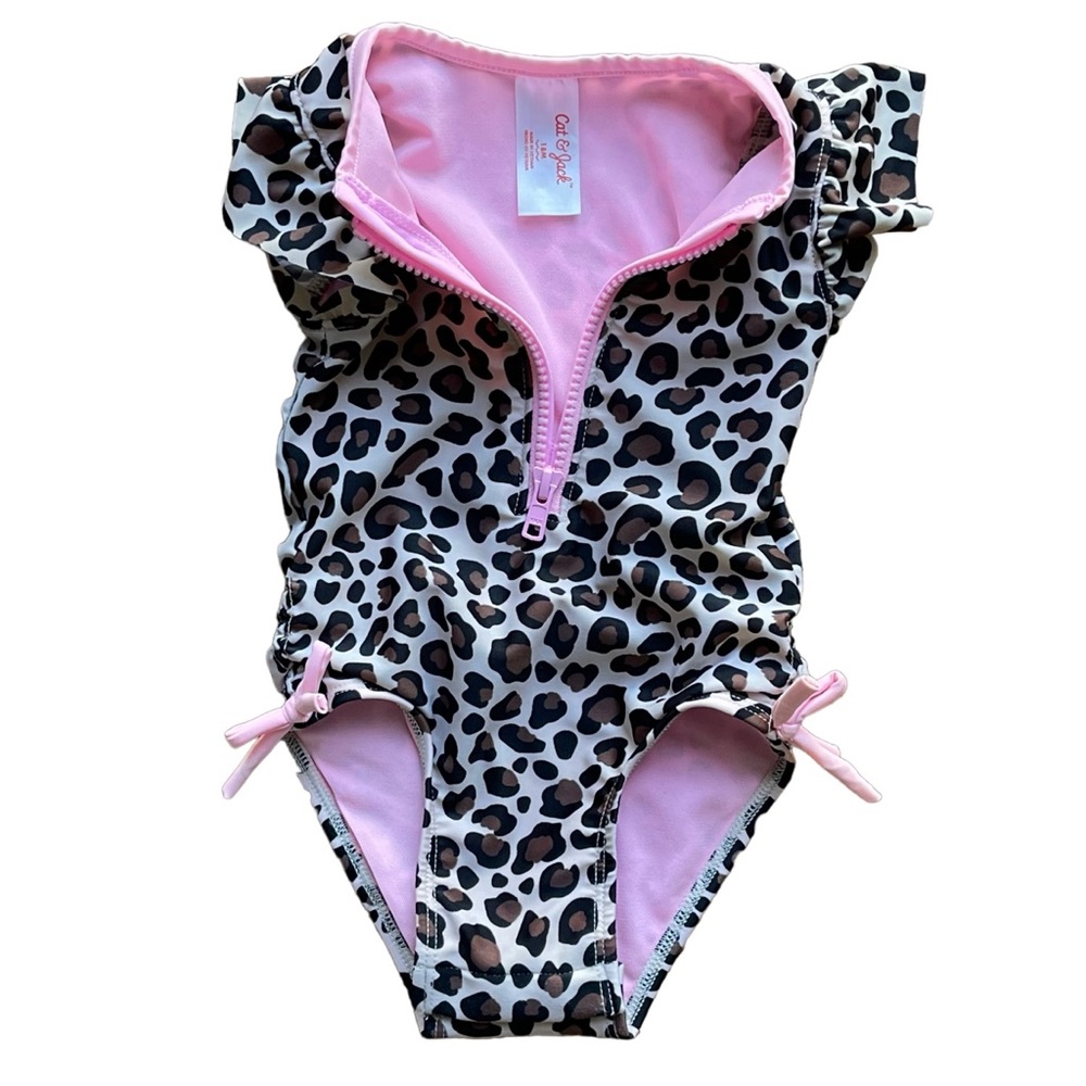 CAT & JACK | Leopard Print Zip-Front Flutter-Sleeve One-Piece Swimsuit | 18M